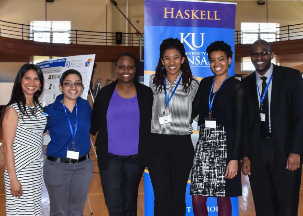 Six participants pose for picture at KU/Haskell  Undergraduate Research Symposium